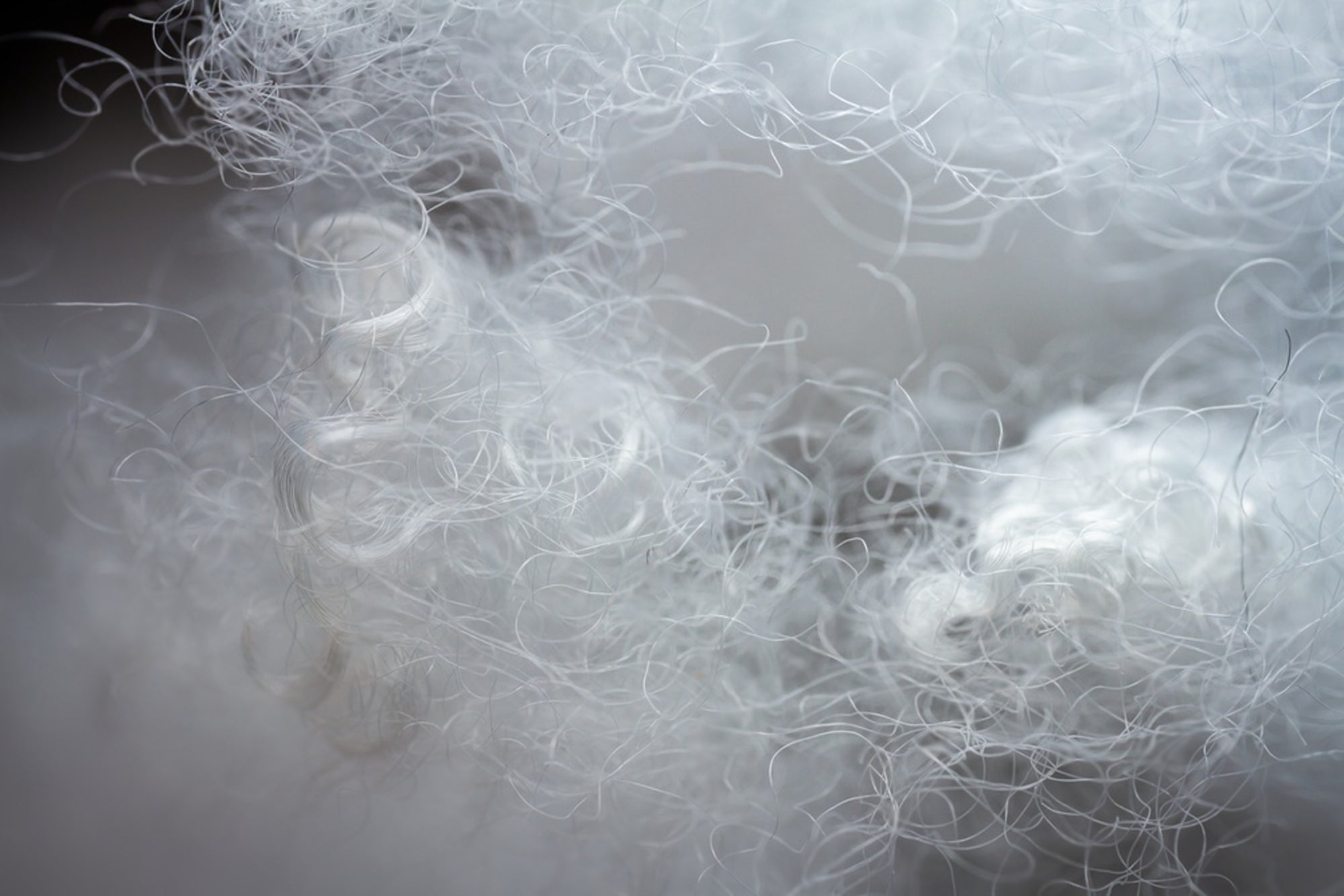 Close-up de fios de poliéster entrelaçados e desfocados em tons de branco e cinza, criando uma textura etérea.